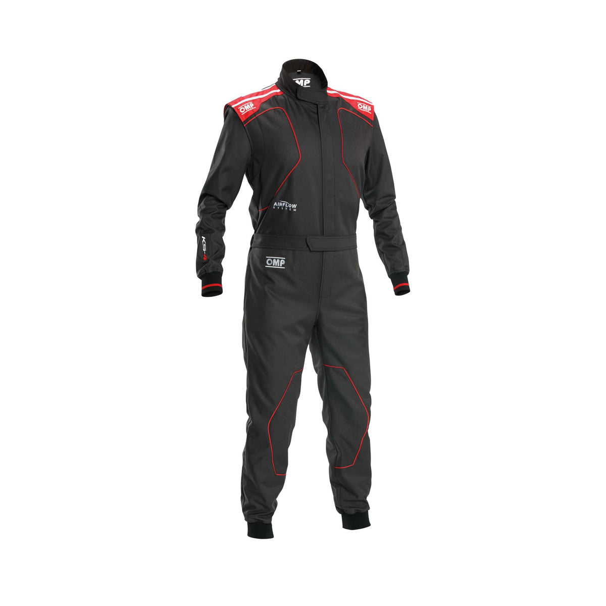 OMP KS-4 v2 youth karting suit in Black/Red with breathable mesh lining