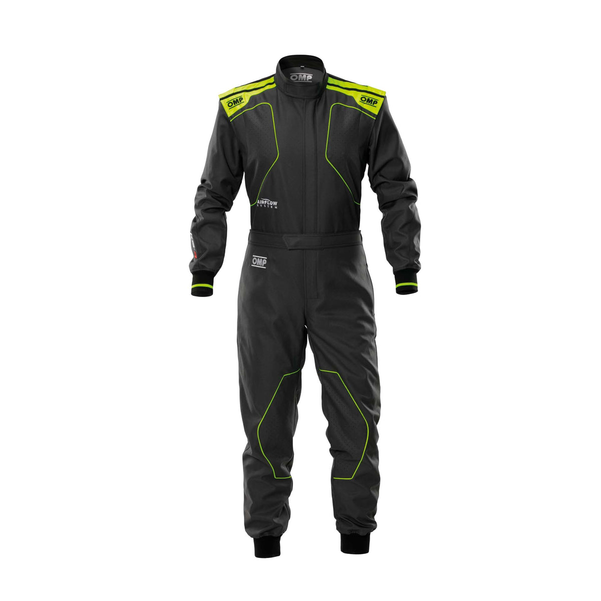 OMP KS-4 v2 youth karting suit in Anthracite/Fluo Yellow with laser-cut AirFlow venting