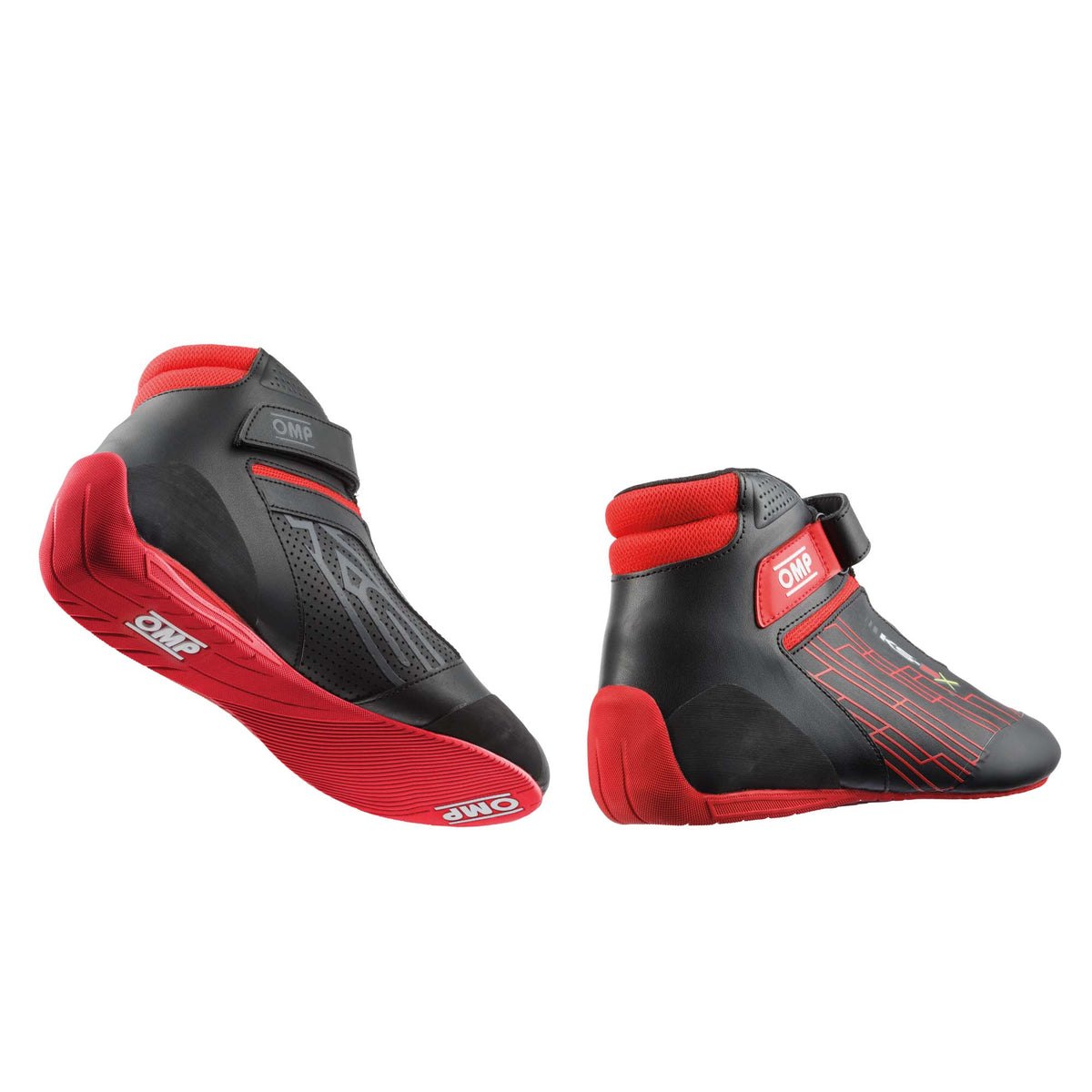OMP KS-2X FIA 8877-2022 karting shoes in Black/Red, rear view showing bellow flex zone and two-tone outsole