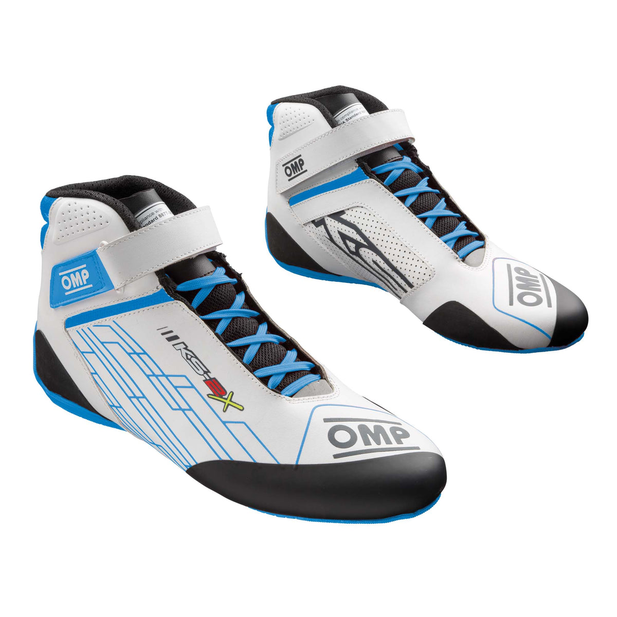 OMP KS-2X FIA 8877-2022 karting shoes in White/Cyan with two-tone outsole