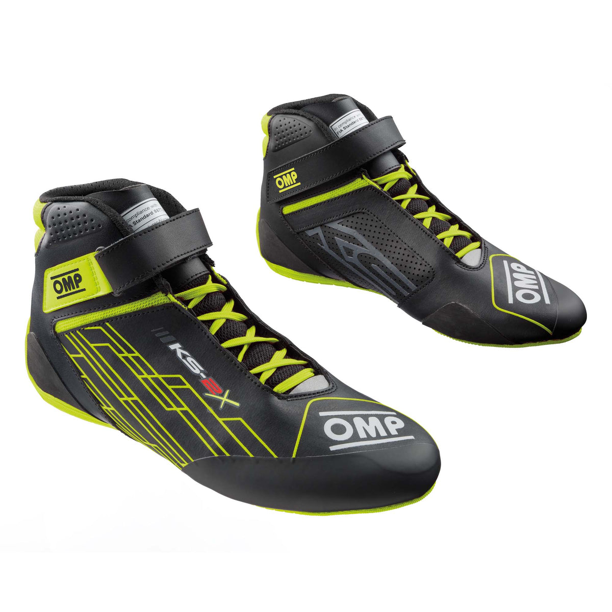 OMP KS-2X FIA 8877-2022 karting shoes in Black/Fluo Yellow with inward Velcro ankle strap