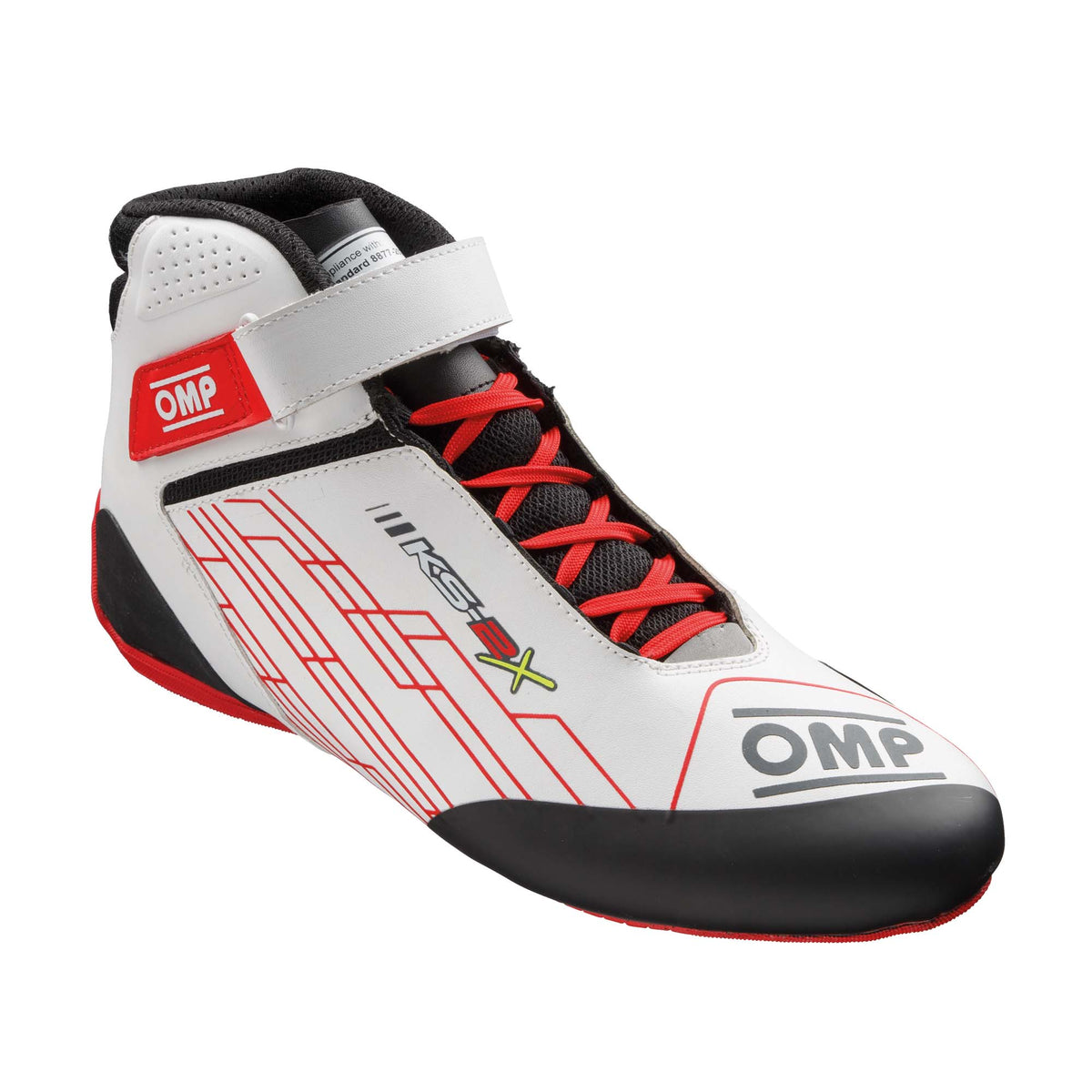 OMP KS-2X FIA 8877-2022 karting shoes in White/Red, slim-fit profile with mesh airflow panels