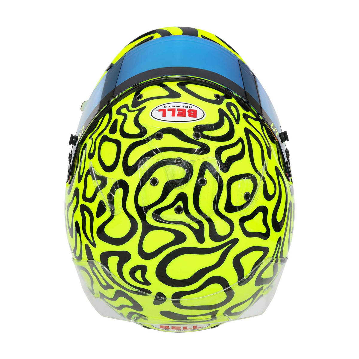 Bell KC7-CMR Pro Lando Norris helmet in Fluorescent Yellow/Black, top view showing top air intake and ventilation channels