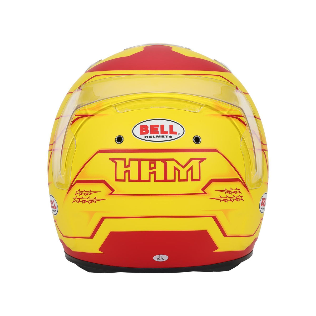 Bell KC7-CMR Pro Lewis Hamilton helmet in Yellow/Red, rear view showing shell curvature and mounted rear spoiler
