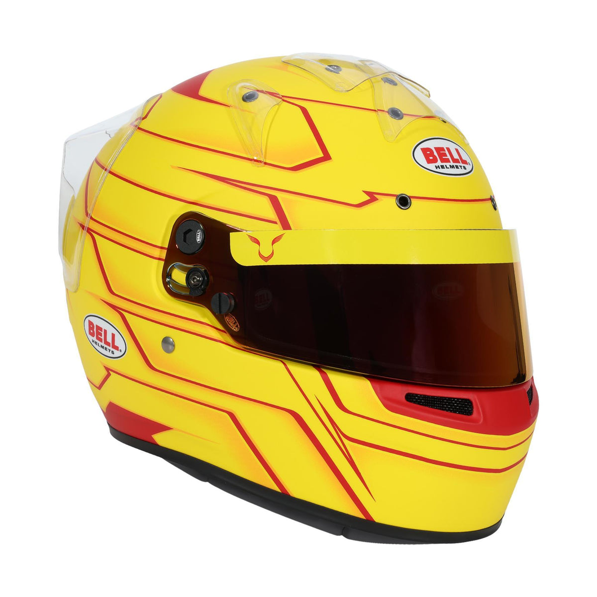 Bell KC7-CMR Pro Lewis Hamilton helmet in Yellow/Red, right-front profile showing visor edge and graphic livery detail