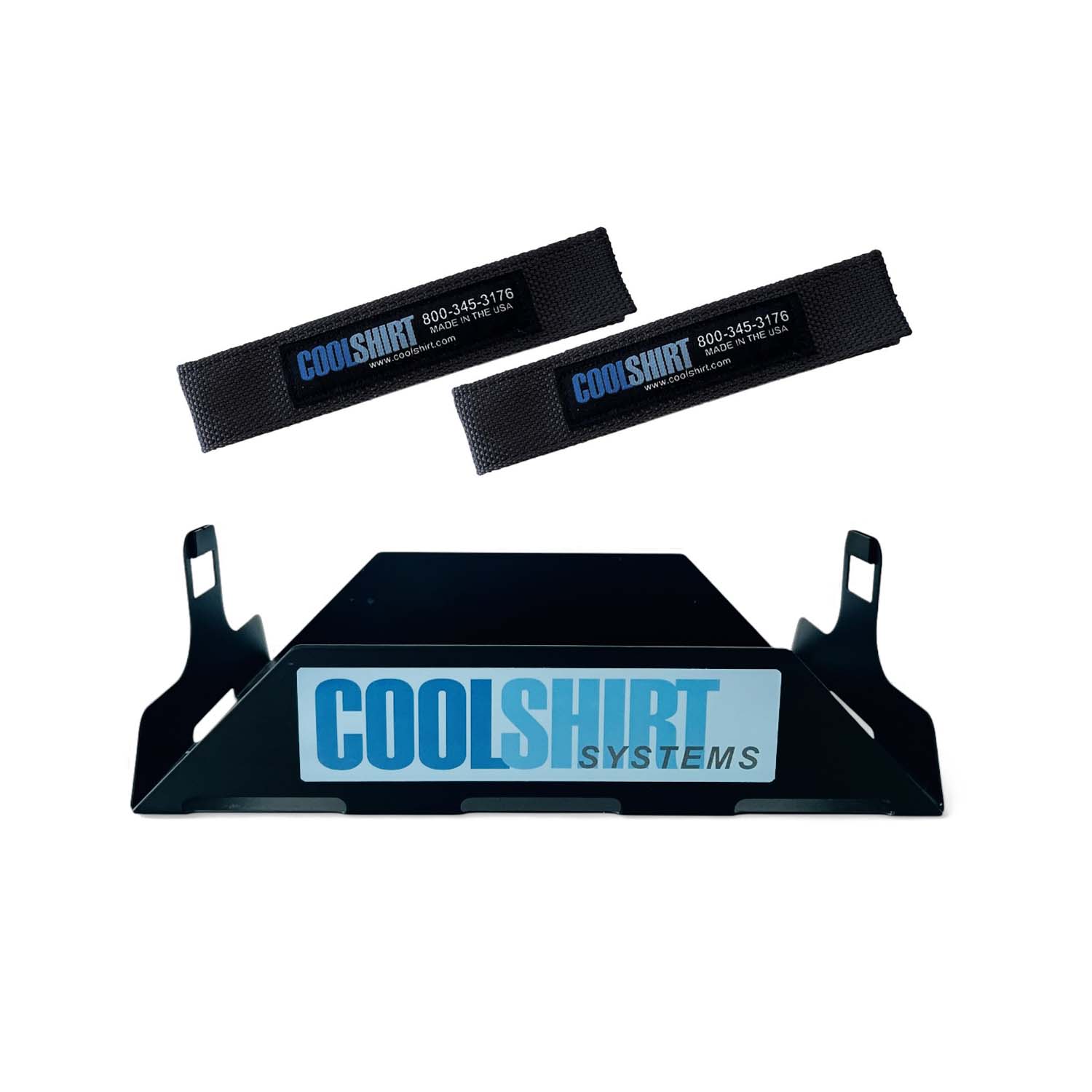Coolshirt 7.5qt cooler mounting tray in black powder-coated finish with strap slots