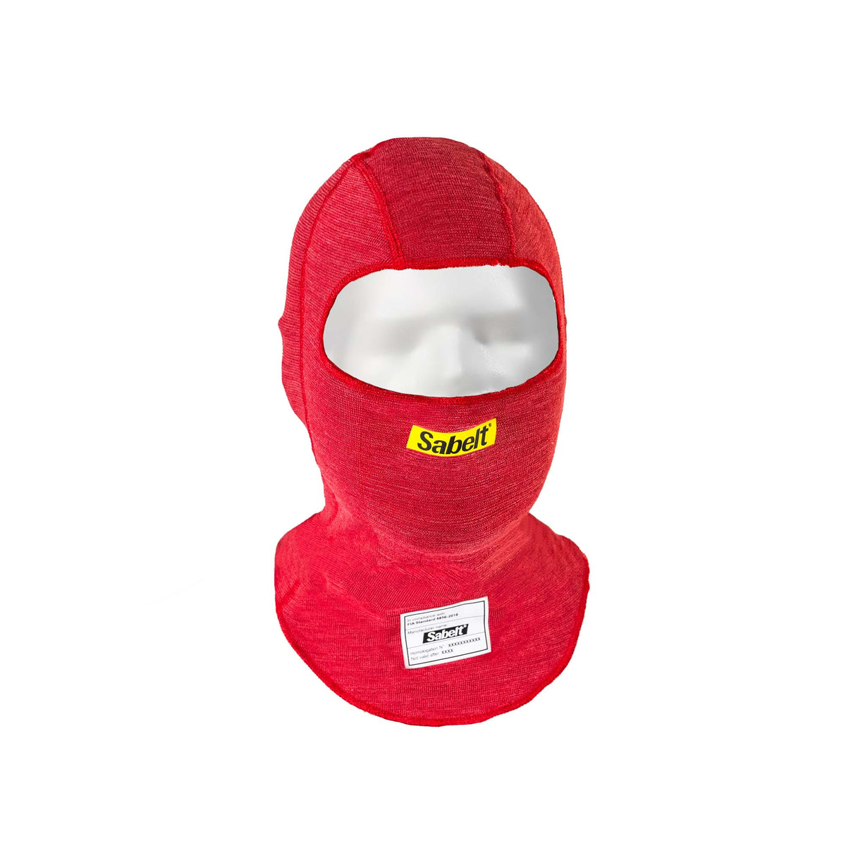 Sabelt UI-601 Bicolor fire-resistant racing balaclava, red knit with darker stretch panels, FIA 8856-2018 homologated
