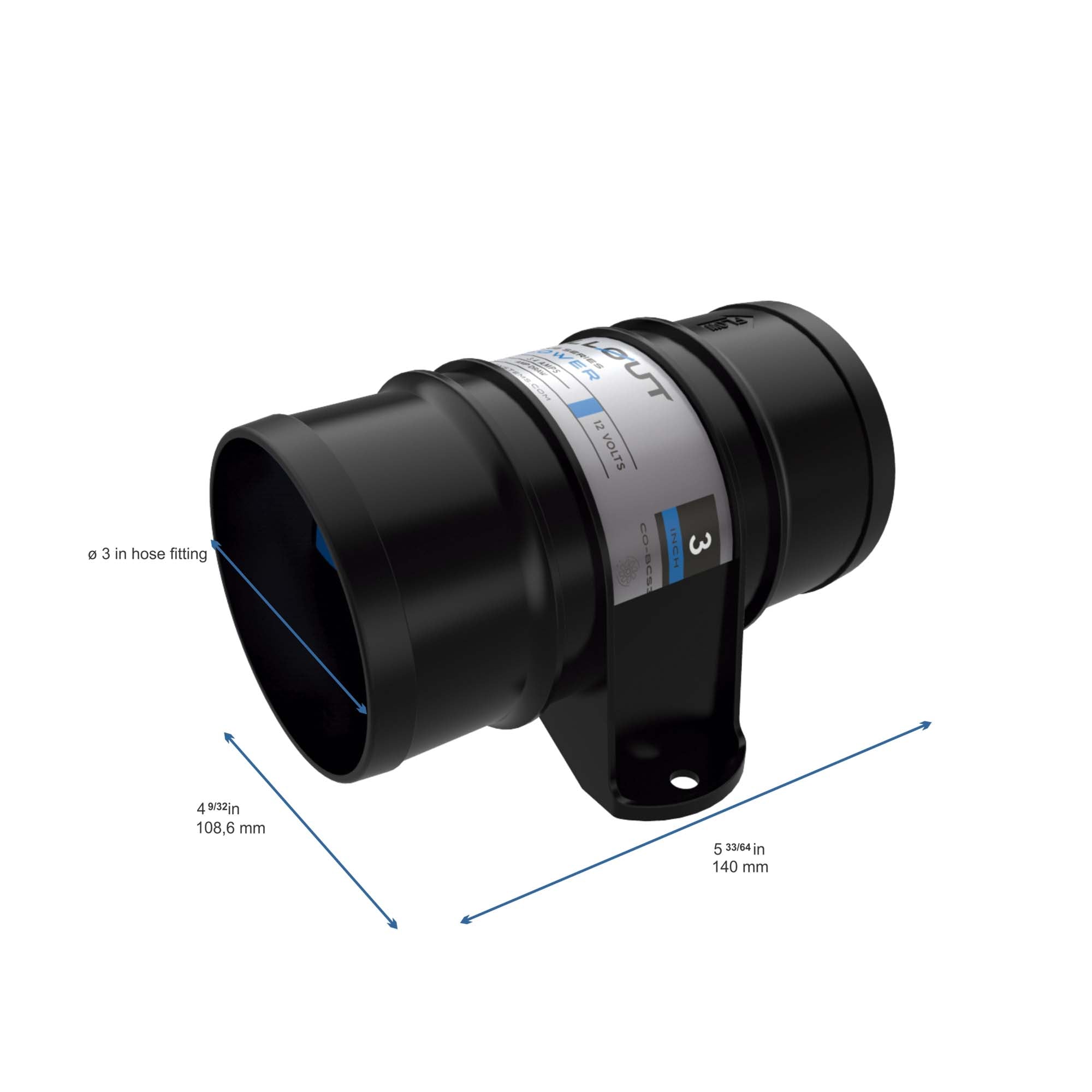 Chillout Systems Club Series 3 inch air blower delivering 180 CFM for motorsport cooling dimensions