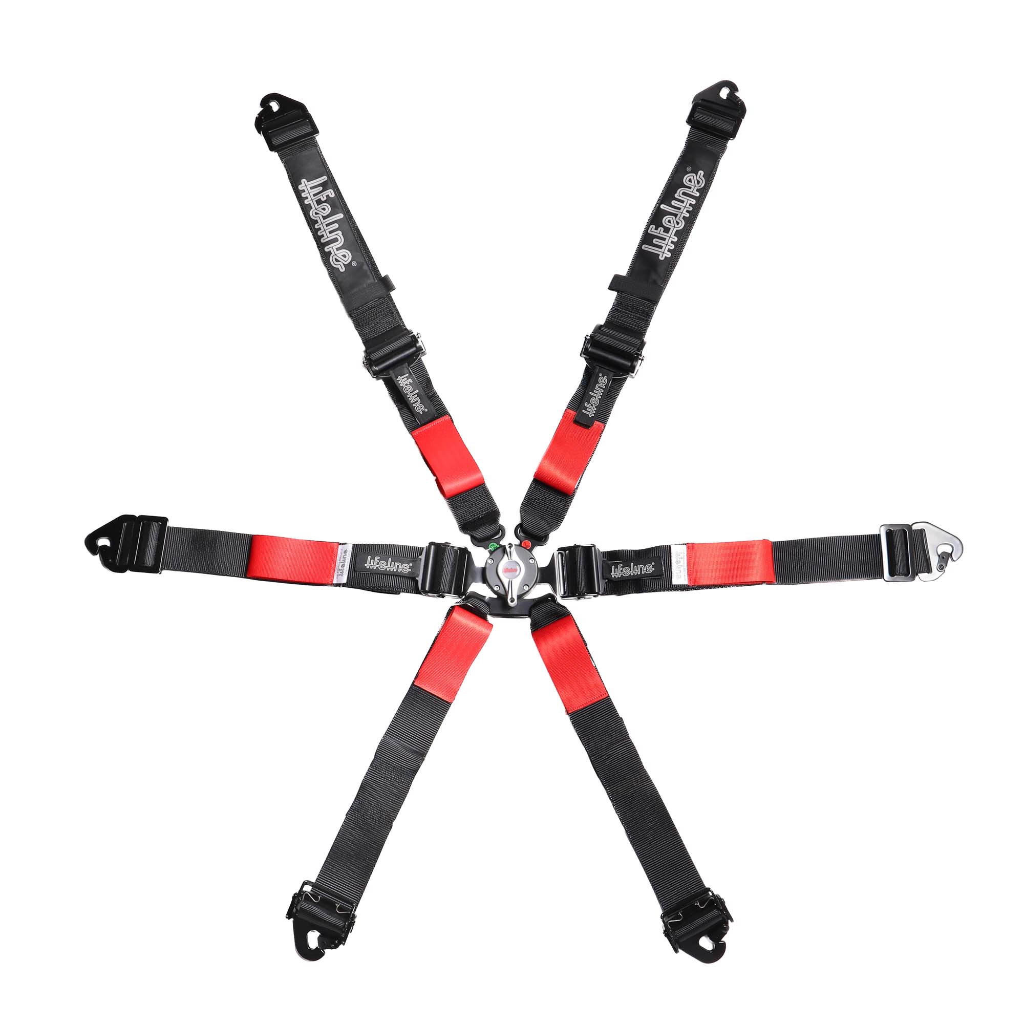 Lifeline Copse Apex 6-point FIA 8853-2016 racing harness in black with pull-down lap adjuster, quick-adjust anti-submarine belts, and camlock buckle