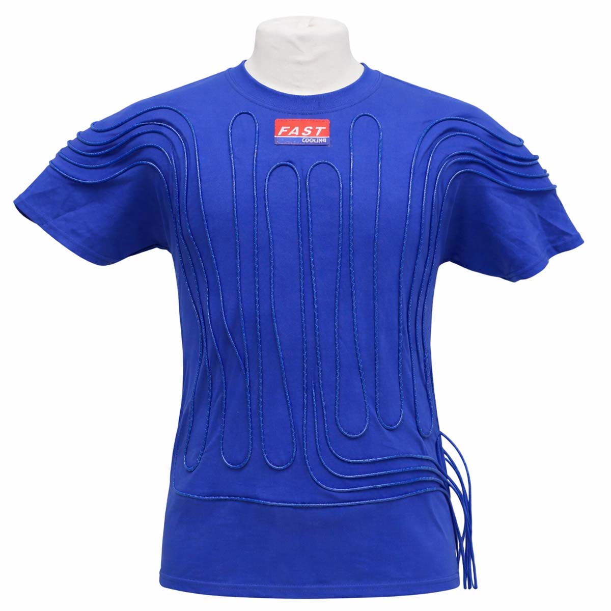 FAST Cooling Cotton Cool Suit Shirt in Blue, showing premium grade 100% cotton construction with blue capillary tubing sewn across the front for driver cooling.