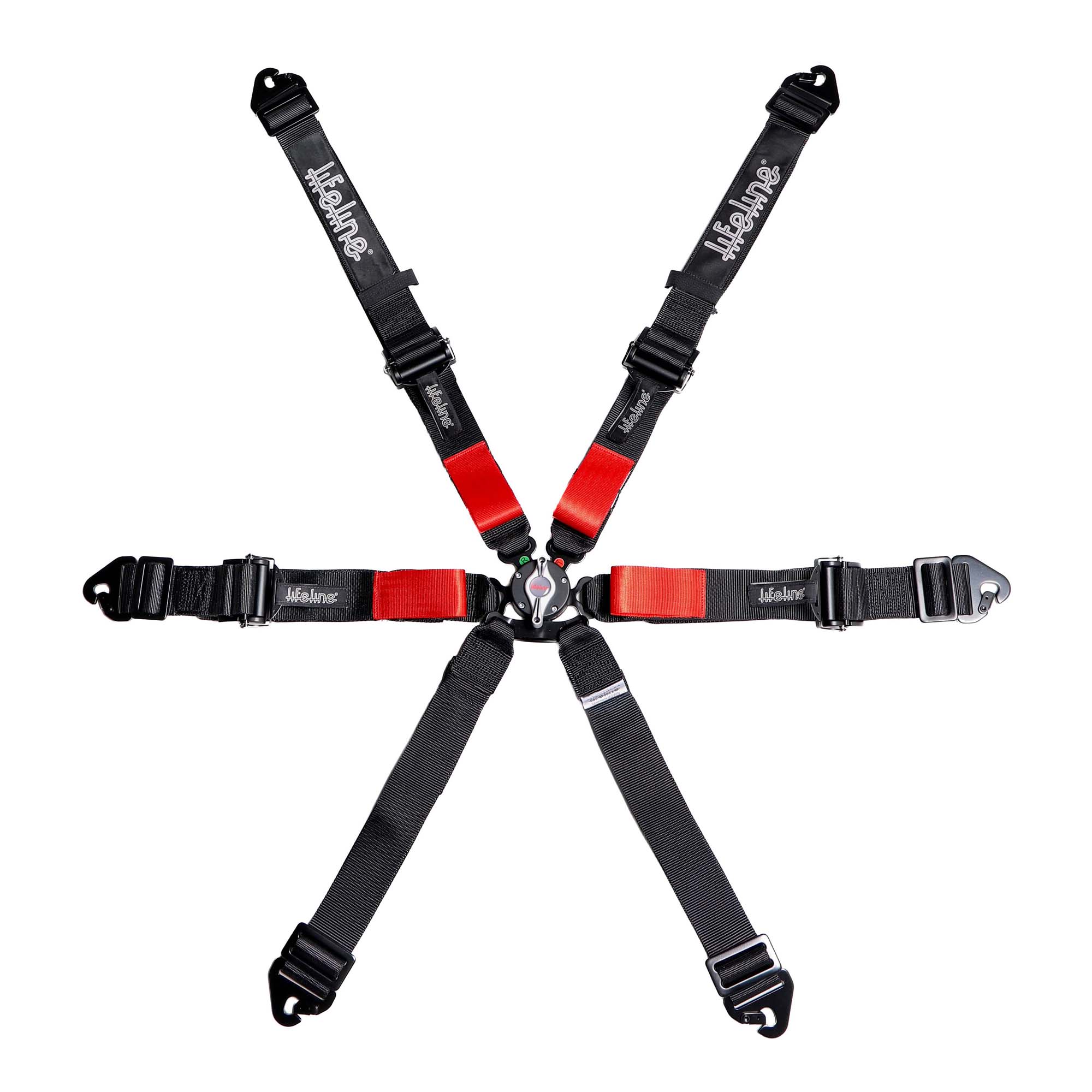 Lifeline Woodcote 6-point FIA 8853-2016 racing harness in black with pull-up lap adjuster, adjustable anti-submarine belts, and camlock buckle