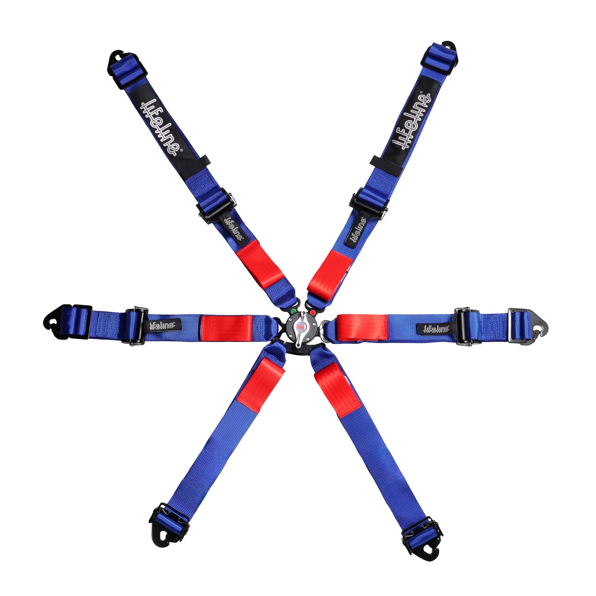 Lifeline Woodcote Apex 6-point FIA 8853-2016 racing harness in blue with pull-up lap adjuster, quick-adjust anti-submarine belts, and camlock buckle