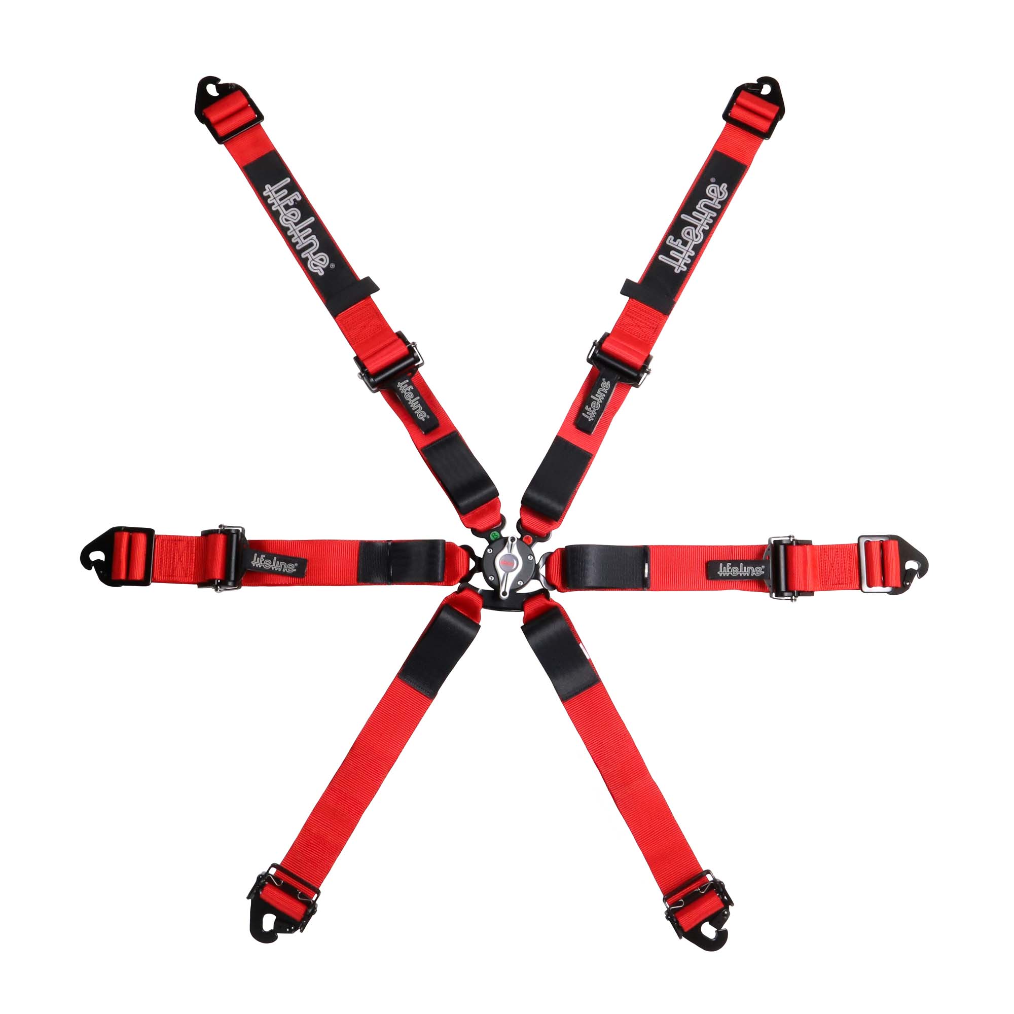 Lifeline Woodcote Apex 6-point FIA 8853-2016 racing harness in red with pull-up lap adjuster, quick-adjust anti-submarine belts, and camlock buckle